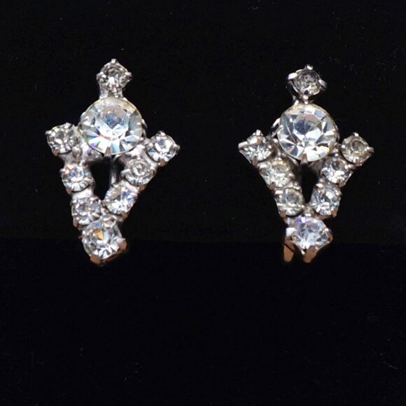 1960 Art Deco Style Chevron Crystal Cluster Stud Earrings Screw Back - Picture 1 of 8